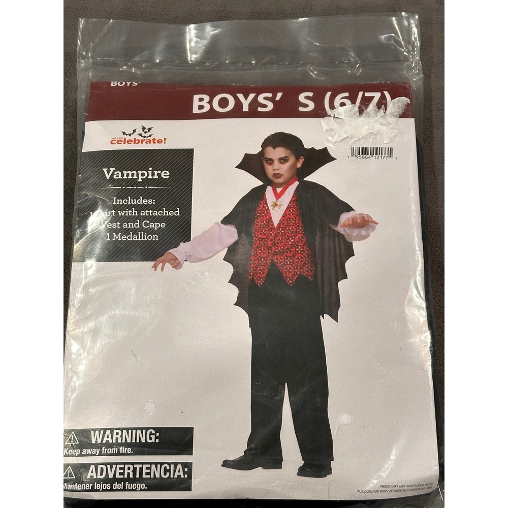 Way to Celebrate Boys Vampire Costume Small 6/7 Shirt Cape Vest Medallion